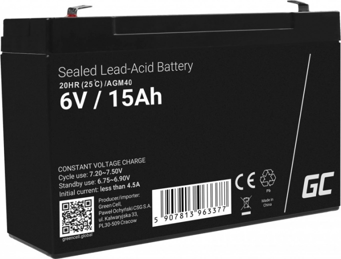 Ανεξάρτητη συντήρησης μπαταρία AGM GREEN CELL 6 V 15 Ah για συναγερμούς, ταμειακές και παιχνίδια