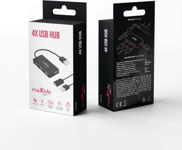 USB διανομέας Maxlife για home office 4× USB 2.0 μαύρος 1,5 m