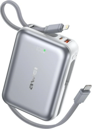 Powerbank AWEI 20000 mAh με γρήγορη φόρτιση 45 W, USB‑A/USB‑C, ενσωματωμένα καλώδια Lightning και USB‑C, ασημί