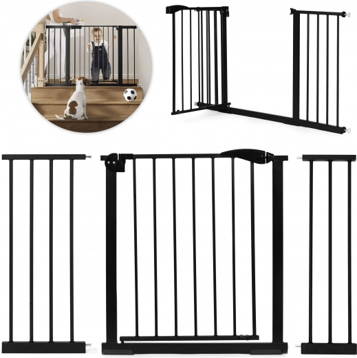 Παιδικό φράγμα ασφαλείας 74-132 cm για σκάλες και πόρτες, ατσάλι με επιπλέον πάνελ μαύρο ECOTOYS