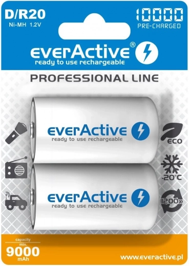 Επαναφορτιζόμενες μπαταρίες everActive R20/D Ni-MH 10000 mAh (2 τεμ.) έτοιμες προς χρήση