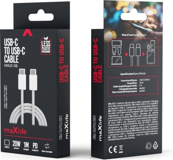 Nylon καλώδιο Maxlife USB-C – USB-C 1 m 20 W γκρι