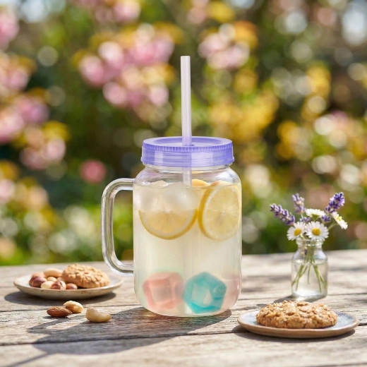Μωβ ποτήρι με καλαμάκι και παγάκια ψύξης, 550 ml