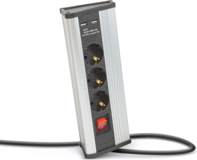 Γωνιακό πολύπριζο με διακόπτη και θύρες USB, από αλουμίνιο