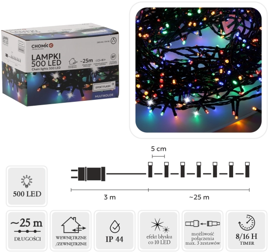 LED φωτεινή γιρλάντα 500 διόδων multicolor με ψυχρό εφέ flash 28 m IP44