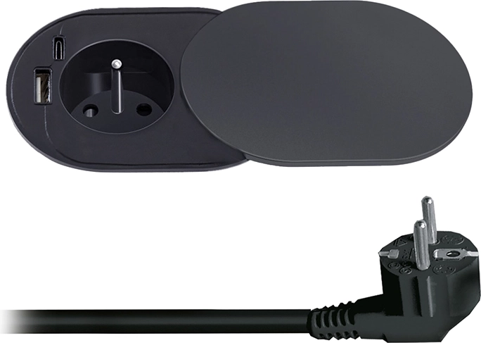 Solight εντοιχιζόμενη πρίζα 230 V με USB-A και USB-C 20 W PD με συρόμενο καπάκι, 2 m, μαύρο ματ