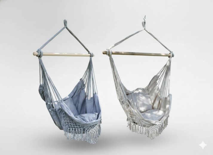 Κρεμαστή βραζιλιάνικη πολυθρόνα boho με μαξιλάρια, 130 × 100 cm, μπεζ‑γκρι