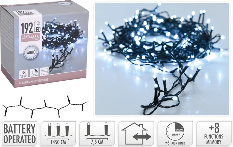 Χριστουγεννιάτικη LED γιρλάντα 14,5 m, 192 διόδους, ψυχρό λευκό, 8 λειτουργίες με χρονοδιακόπτη, IP44