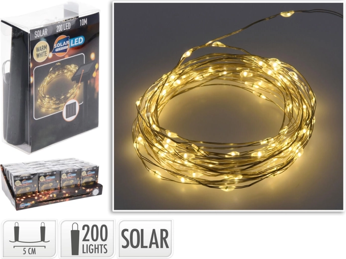 Ηλιακή χριστουγεννιάτικη LED γιρλάντα 10 m, 200 διόδοι, ζεστό λευκό