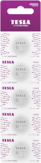 Λιθίου μπαταρία κουμπί TESLA CR2025 3 V, συσκευασία 5 τεμ.