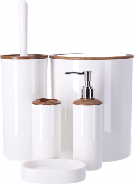 Σετ αξεσουάρ μπάνιου 5 τεμ. BERRETTI, λευκό με ξύλινα στοιχεία