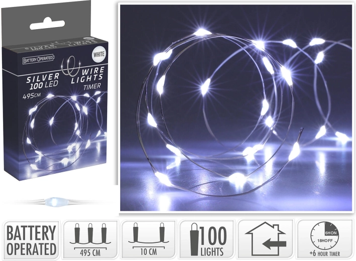 Χριστουγεννιάτικος φωτισμός LED 4,95 m, 100 LED, ψυχρό λευκό, σε σύρμα, με χρονοδιακόπτη - 1 τεμ.