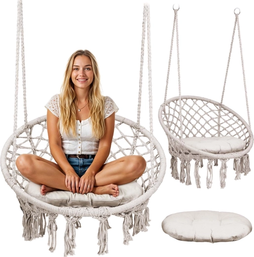 Κρεμαστή πολυθρόνα boho μπεζ με μαξιλάρι