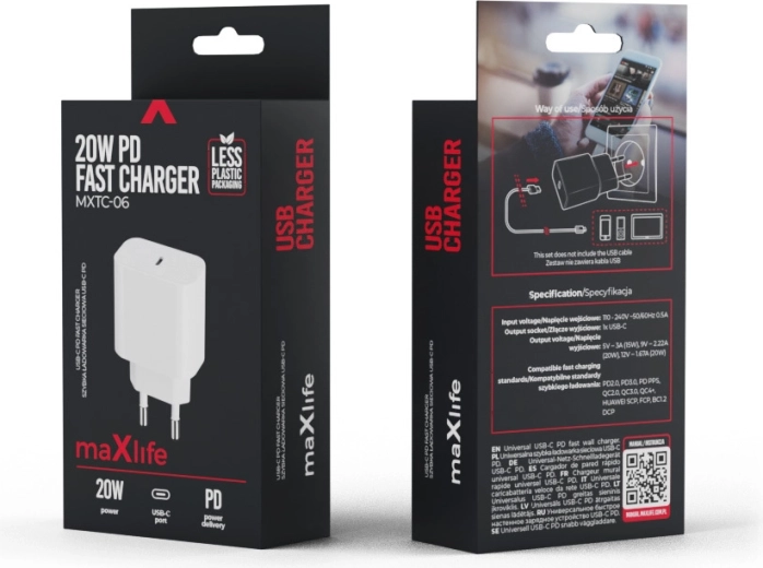 Φορτιστής πρίζας Maxlife 20W USB-C με υποστήριξη PD και QC, λευκός