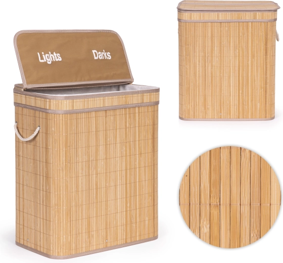 Καλάθι απλύτων ModernHome από μπαμπού 100 l με 2 θήκες και καπάκι