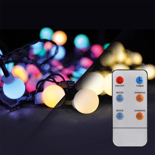 Solight εξωτερική χριστουγεννιάτικη αλυσίδα LED 2σε1 με μπάλες και τηλεχειριστήριο, 100 LED, RGB + ουδέτερο λευκό, 10 m + 5 m, IP44