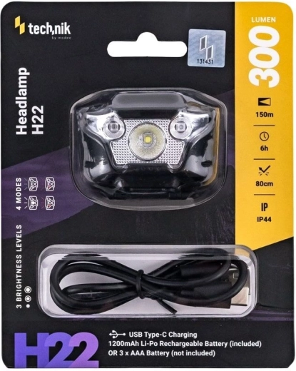Φακός κεφαλής Technik H22 με USB‑C, λευκό, κόκκινο και πράσινο φως (300 lm)
