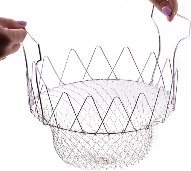 Πτυσσόμενο ανοξείδωτο καλάθι και σουρωτήρι για τηγάνισμα και μαγείρεμα