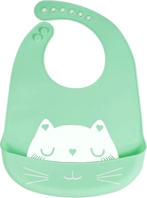 Σιλικονούχος σαλιάρα με τσέπη για παιδιά - πράσινη, γάτα