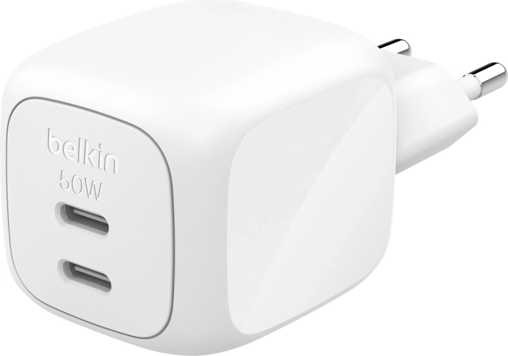 Λευκός επιτοίχιος φορτιστής GaN 50 W με 2× USB-C