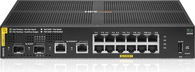 Διαχειριζόμενος μεταγωγέας Aruba Networking CX 6000 12× Gigabit PoE+ (Class 4) + 2× Gigabit + 2× SFP, 139 W (R8N89B)