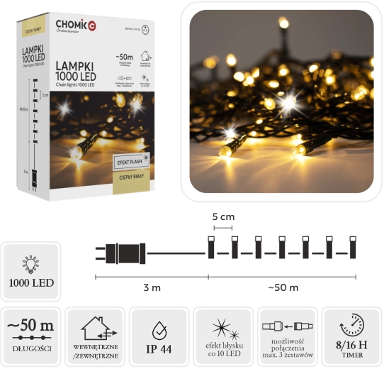 LED φωτεινή γιρλάντα 1000 LED θερμό λευκό + ψυχρό flash 53 m (3 m καλώδιο τροφοδοσίας) για εσωτερική και εξωτερική χρήση