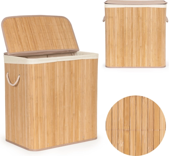 Μπαμπού καλάθι απλύτων ModernHome 150 l με 3 διαμερίσματα και καπάκι