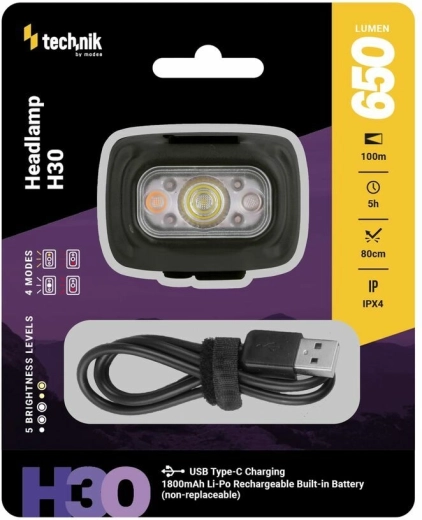 Technik MT-H30 φακός κεφαλής με USB‑C, 650 lm, λευκό και κόκκινο LED