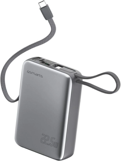Powerbank 4smarts Pocket Dual Cord 20000 mAh, 22,5 W, με ενσωματωμένο καλώδιο USB‑C 15 cm, γκρι