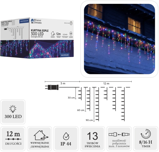 Φωτεινή κουρτίνα τύπου σταλακτίτες (icicle) 300 LED multicolor 3 × 12 m - 1 τεμ.