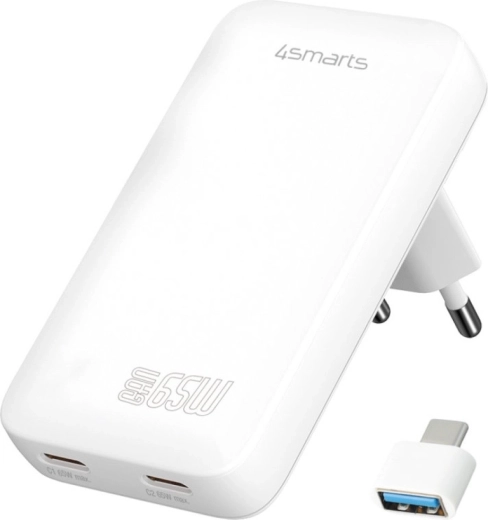 Φορτιστής πρίζας 4smarts FlatPlug 65W GaN, 2× USB‑C, λευκός