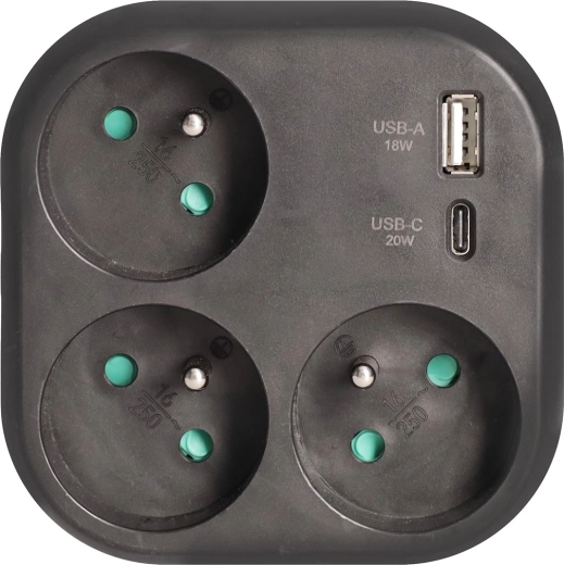 Solight διακλαδωτής με 3 πρίζες και ταχυφορτιστή USB-A/USB-C 20 W PD, μαύρος