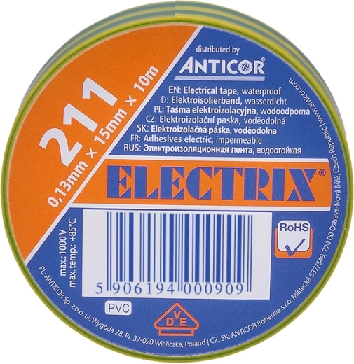 Solight μονωτική ηλεκτρολογική ταινία 15 mm x 0,13 mm x 10 m κιτρινοπράσινη