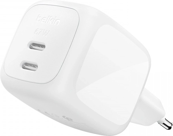 Belkin διπλός φορτιστής GaN 67 W με 2× USB-C, λευκός