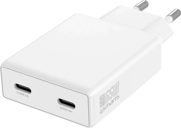 Επιτοίχιος φορτιστής PDPlug 65W GaN με δύο USB‑C, λευκός