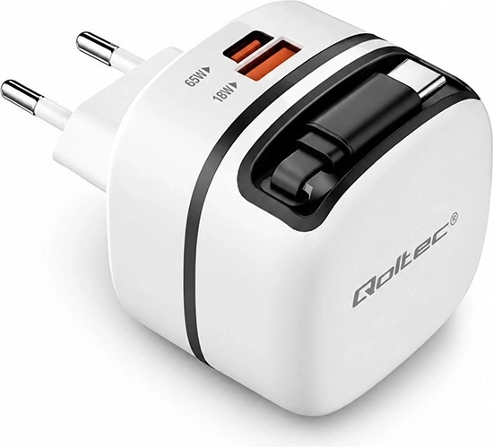 Qoltec GaN επιτοίχιος φορτιστής 65 W USB‑C PD PPS με ενσωματωμένο αναδιπλούμενο καλώδιο