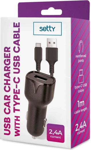 Φορτιστής αυτοκινήτου Setty 1× USB 2,4 A μαύρος + καλώδιο USB‑C 1 m