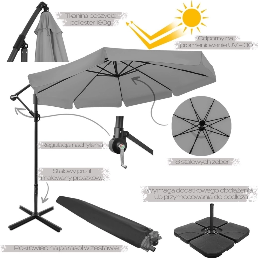 Πτυσσόμενη ομπρέλα κήπου 350 cm XXL, γραφιτού, 8 ακτίνων με κάλυμμα