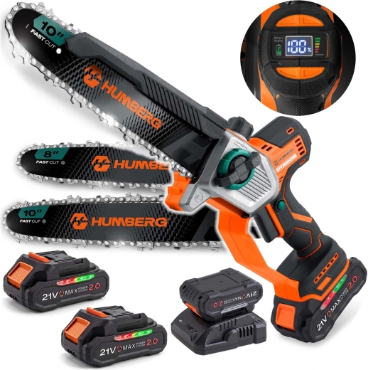 Αλυσοπρίονο μπαταρίας Humberg HM-437 με 2× μπαταρίες 21 V 2,0 Ah, λάμα 10" και 8"