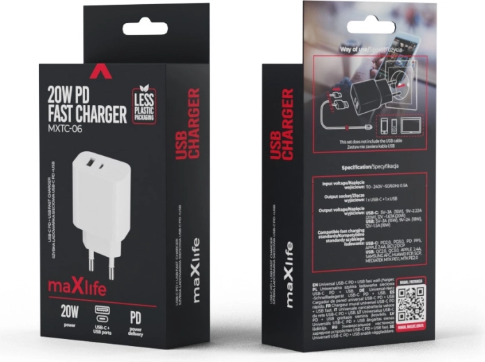 Φορτιστής δικτύου Maxlife PD/QC 20 W, 1× USB‑C + 1× USB, λευκός