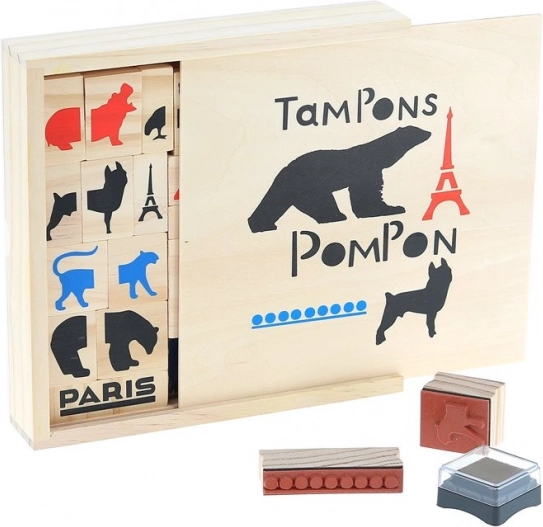 Ξύλινες σφραγίδες POMPON TOYS – δημιουργικό σετ 23 τεμ. με μελάνια
