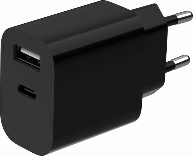 Καθολικός φορτιστής τοίχου USB με 2 θύρες (USB-A + USB-C), 2,4 A, μαύρος