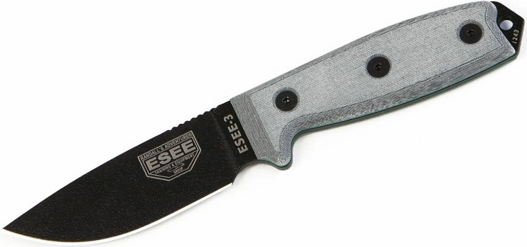 Καθολικό τακτικό μαχαίρι ESEE 3P, μαύρη λεπίδα, γκρι Micarta, θήκη Coyote Tan