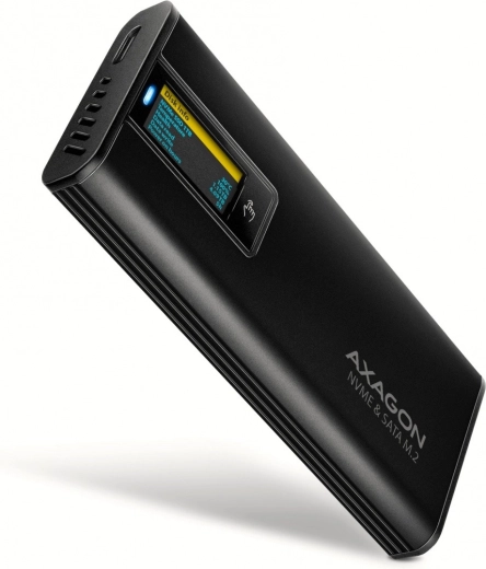 Axagon EEM2-SD2B εξωτερικό αλουμινένιο κουτί για M.2 NVMe/SATA, USB-C 3.2 Gen 2, οθόνη LED, μαύρο