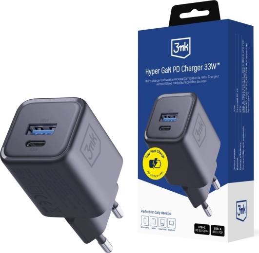 3MK Hyper Charger PD 33W GaN επιτοίχιος φορτιστής USB-A και USB-C μαύρος