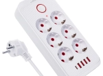 Πολύμπριζο προστασίας υπέρτασης με 6 πρίζες και 5× USB (4× USB‑A, 1× USB‑C), 2500 W, λευκό
